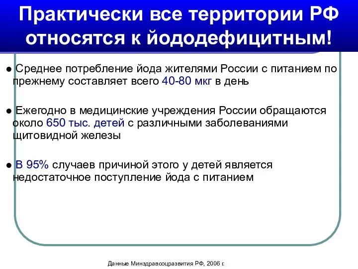 Данные Минздравсоцразвития РФ, 2006 г. Практически все территории РФ относятся