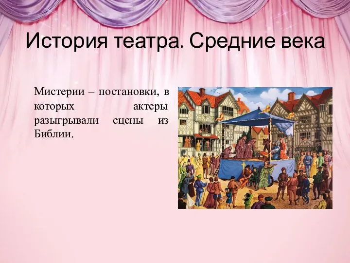 История театра. Средние века Мистерии – постановки, в которых актеры разыгрывали сцены из Библии.