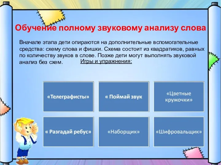 Обучение полному звуковому анализу слова Игры и упражнения: Вначале этапа