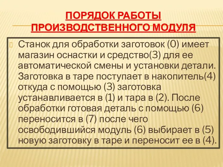 ПОРЯДОК РАБОТЫ ПРОИЗВОДСТВЕННОГО МОДУЛЯ Станок для обработки заготовок (0) имеет