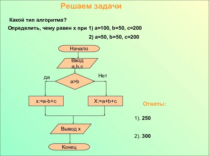 Определить, чему равен х при 1) a=100, b=50, c=200 2)