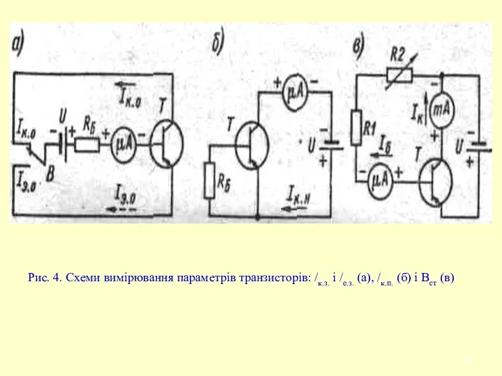 Рис. 4. Схеми вимірювання параметрів транзисторів: /к.з. і /е.з. (а), /к.п. (б) і Вст (в)