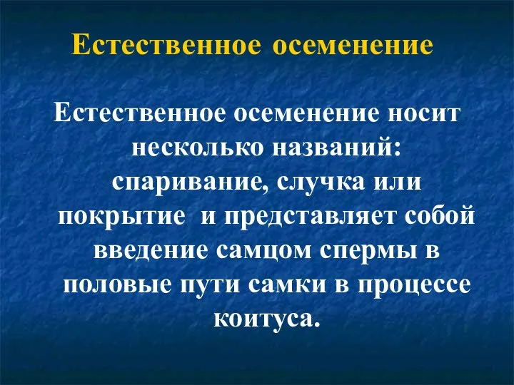 Естественное осеменение Естественное осеменение носит несколько названий: спаривание, случка или покрытие и представляет