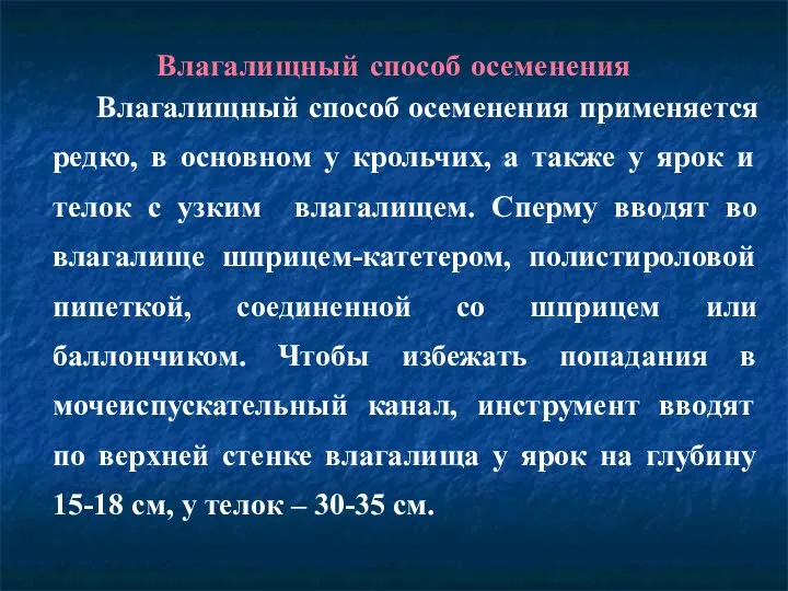 Влагалищный способ осеменения Влагалищный способ осеменения применяется редко, в основном