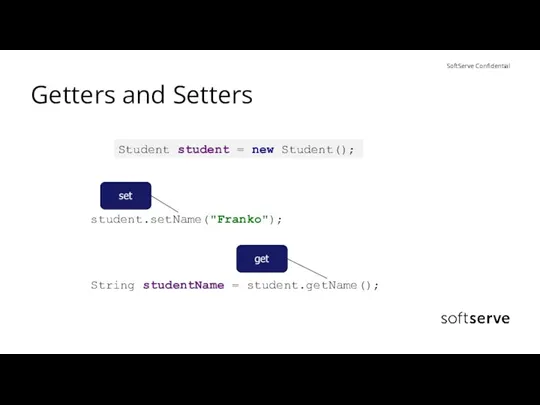 Getters and Setters get Student student = new Student(); student.setName("Franko"); String studentName = student.getName(); set