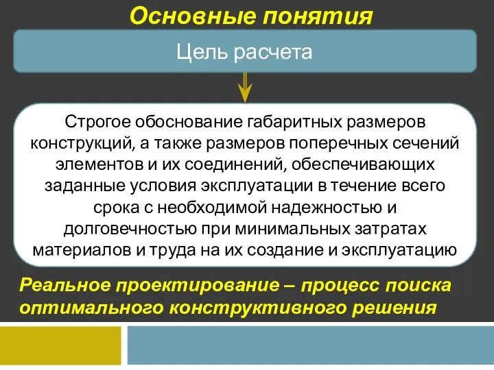 Основные понятия Цель расчета Строгое обоснование габаритных размеров конструкций, а