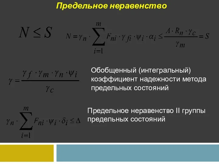 Предельное неравенство Обобщенный (интегральный) коэффициент надежности метода предельных состояний Предельное неравенство II группы предельных состояний