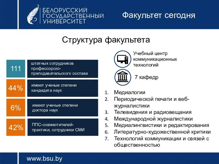 Факультет сегодня Структура факультета 7 кафедр Учебный центр коммуникационных технологий