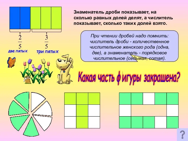 Знаменатель дроби показывает, на сколько равных долей делят, а числитель