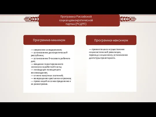 Программа Российской социал-демократической партии (РСДРП) Программа-минимум Программа-максимум — свержение самодержавия; — установление демократической