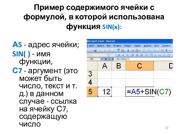 Пример содержимого ячейки с формулой, в которой использована функция SIN(x):