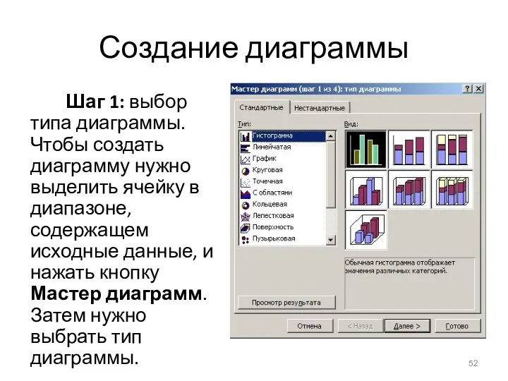 Создание диаграммы Шаг 1: выбор типа диаграммы. Чтобы создать диаграмму