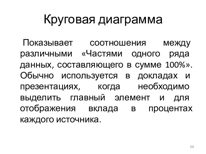 Круговая диаграмма Показывает соотношения между различными «Частями одного ряда данных,