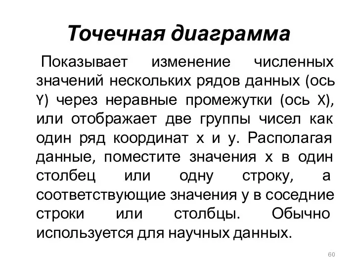 Точечная диаграмма Показывает изменение численных значений нескольких рядов данных (ось