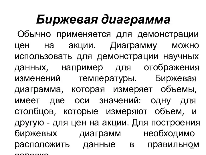 Биржевая диаграмма Обычно применяется для демонстрации цен на акции. Диаграмму