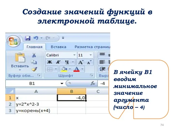 Создание значений функций в электронной таблице. В ячейку В1 вводим минимальное значение аргумента (число – 4)