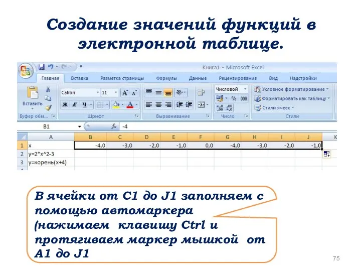 Создание значений функций в электронной таблице. В ячейки от С1