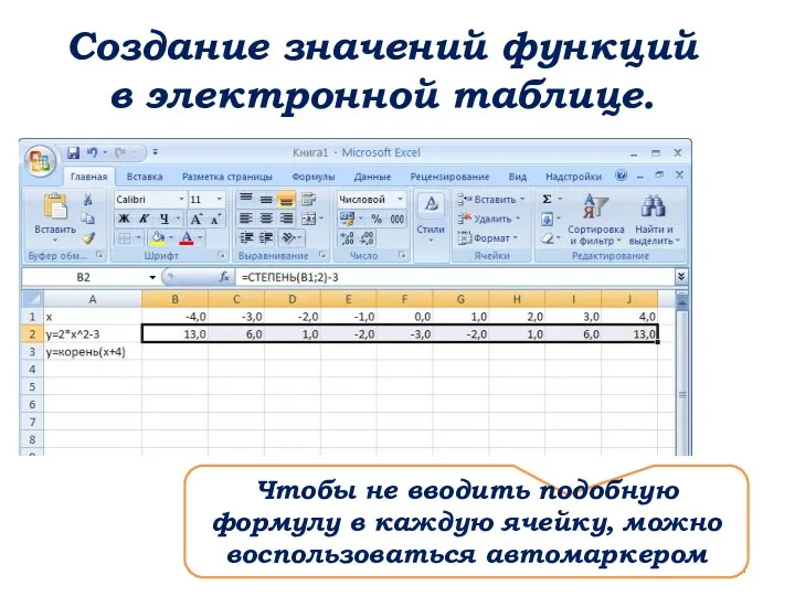 Создание значений функций в электронной таблице. Чтобы не вводить подобную