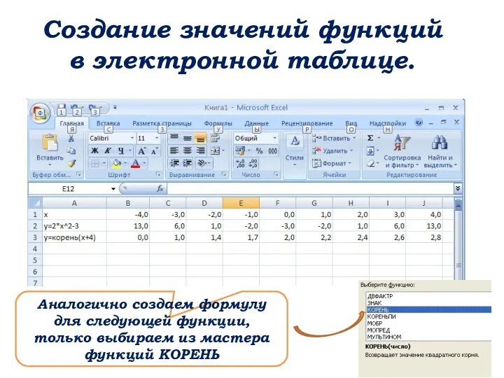 Создание значений функций в электронной таблице. Аналогично создаем формулу для