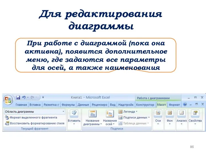 Для редактирования диаграммы При работе с диаграммой (пока она активна),