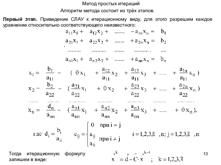 Метод простых итераций Алгоритм метода состоит из трёх этапов. Первый