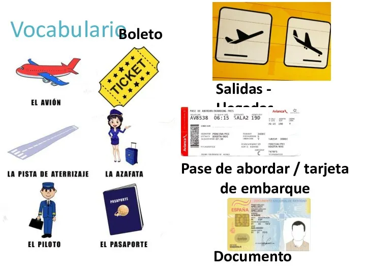 Vocabulario Salidas - Llegadas Documento Pase de abordar / tarjeta de embarque Boleto