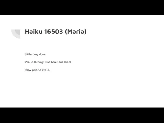 Haiku 16503 (Maria) Little grey dove Walks through this beautiful street How painful life is.