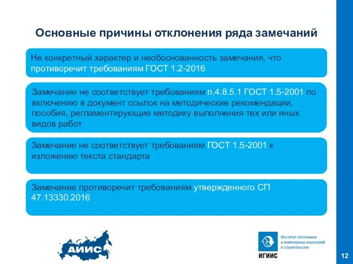 Основные причины отклонения ряда замечаний Не конкретный характер и необоснованность