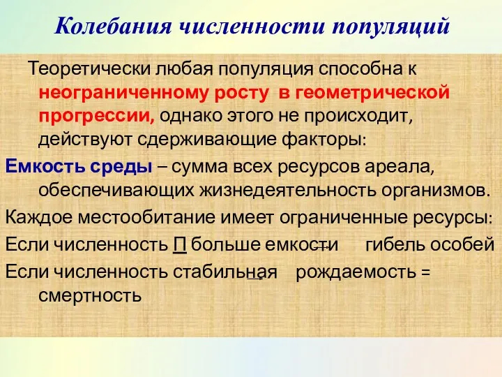 Колебания численности популяций Теоретически любая популяция способна к неограниченному росту