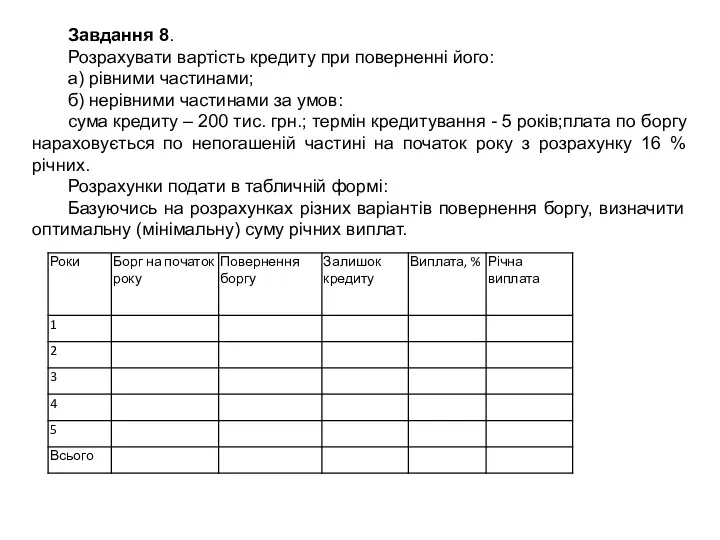 Завдання 8. Розрахувати вартість кредиту при поверненні його: а) рівними