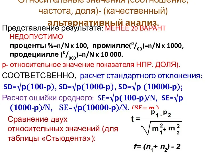 Относительные значения (соотношение, частота, доля)- (качественный) альтернативный анализ. Представление результата: