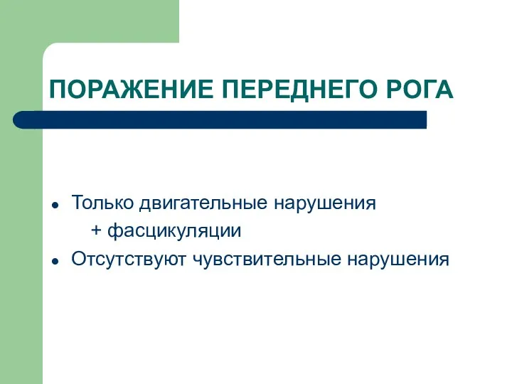 ПОРАЖЕНИЕ ПЕРЕДНЕГО РОГА Только двигательные нарушения + фасцикуляции Отсутствуют чувствительные нарушения