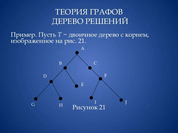 ТЕОРИЯ ГРАФОВ ДЕРЕВО РЕШЕНИЙ Пример. Пусть Т − двоичное дерево