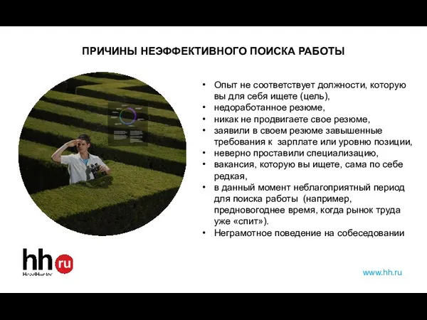 ПРИЧИНЫ НЕЭФФЕКТИВНОГО ПОИСКА РАБОТЫ www.hh.ru Опыт не соответствует должности, которую вы для себя
