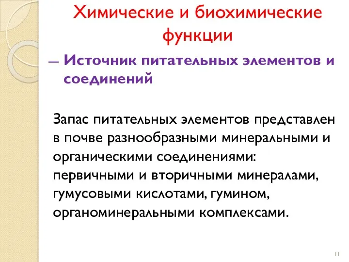 Химические и биохимические функции Источник питательных элементов и соединений Запас