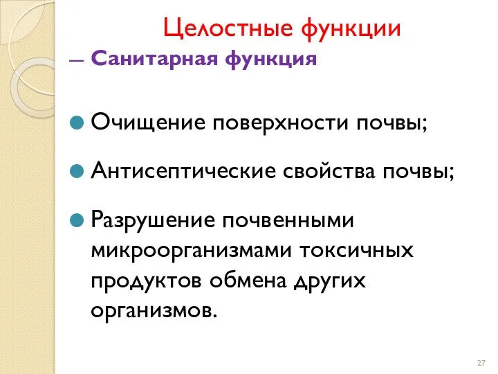 Целостные функции Санитарная функция Очищение поверхности почвы; Антисептические свойства почвы;