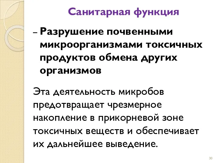 Санитарная функция Разрушение почвенными микроорганизмами токсичных продуктов обмена других организмов