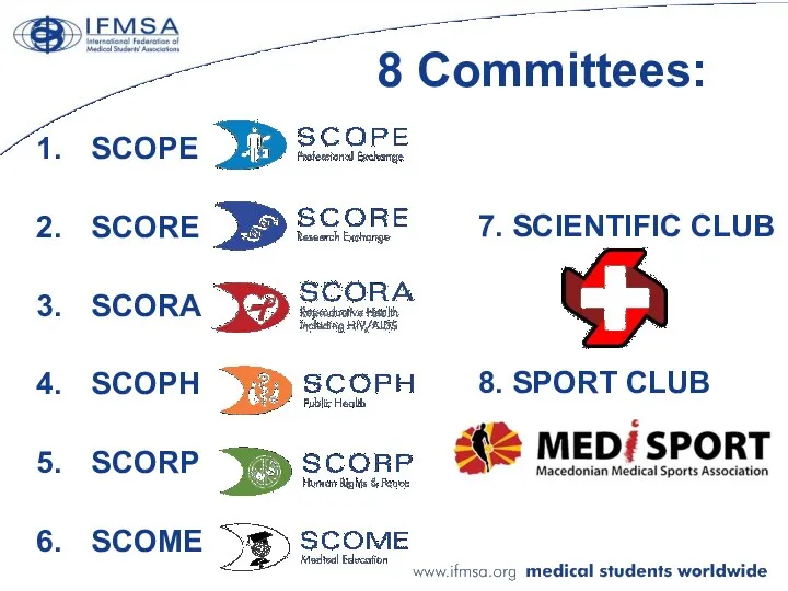 8 Committees: SCOPE SCORE SCORA SCOPH SCORP SCOME 7. SCIENTIFIC CLUB 8. SPORT CLUB
