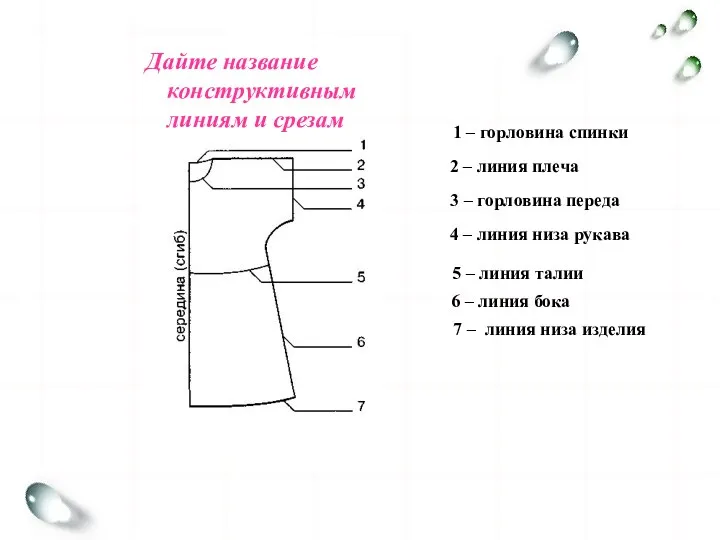 Дайте название конструктивным линиям и срезам 1 – горловина спинки