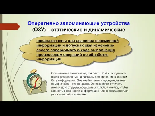 Оперативно запоминающие устройства (ОЗУ) – статические и динамические предназначены для