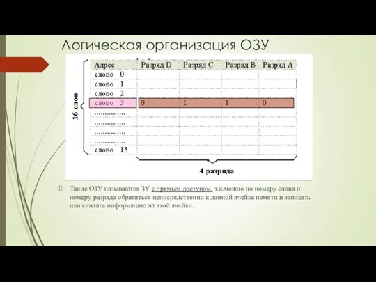 Логическая организация ОЗУ Такие ОЗУ называются ЗУ с прямым доступом,