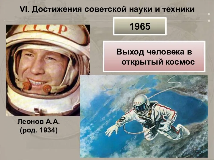 VI. Достижения советской науки и техники Леонов А.А. (род. 1934) 1965 Выход человека в открытый космос