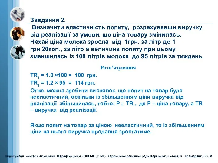 Завдання 2. Визначити еластичність попиту, розрахувавши виручку від реалізації за