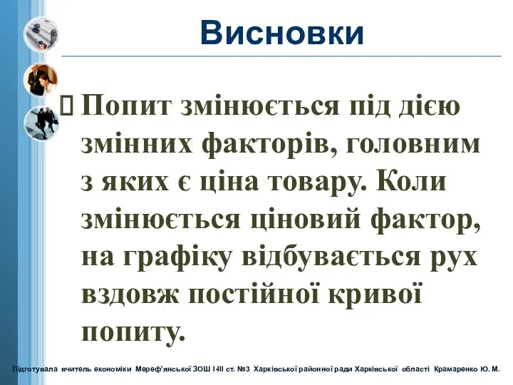 Висновки Попит змінюється під дією змінних факторів, головним з яких