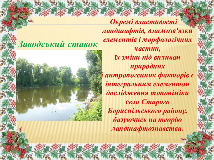 Заводський ставок Окремі властивості ландшафтів, взаємозв'язки елементів і морфологічних частин,