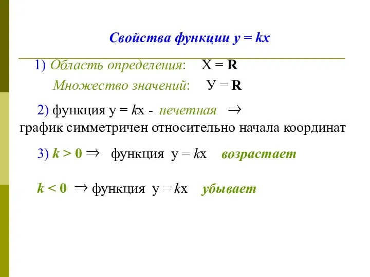 Свойства функции у = kх 1) Область определения: Множество значений: