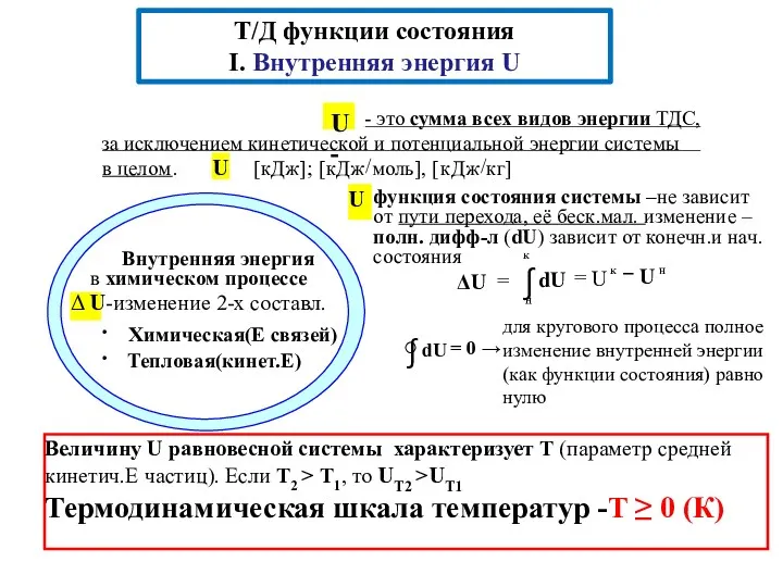 Величину U равновесной системы характеризует Т (параметр средней кинетич.Е частиц).