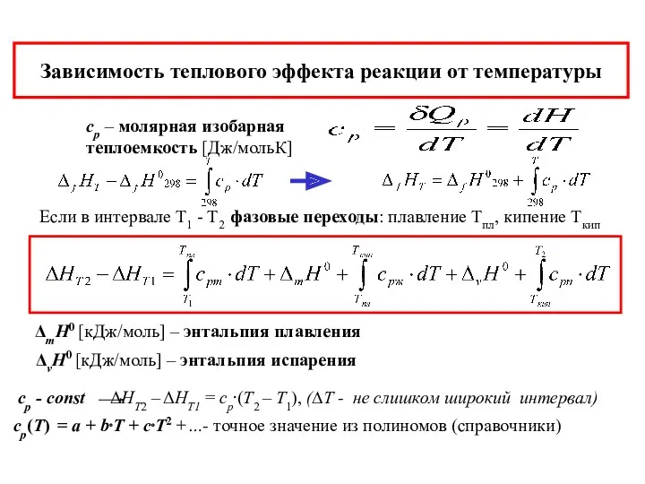 Зависимость теплового эффекта реакции от температуры