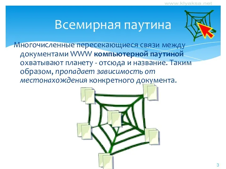 Многочисленные пересекающиеся связи между документами WWW компьютерной паутиной охватывают планету