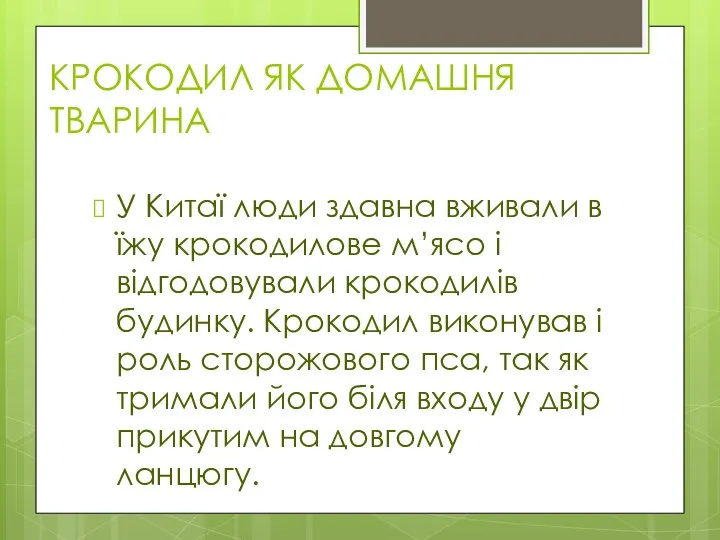 КРОКОДИЛ ЯК ДОМАШНЯ ТВАРИНА У Китаї люди здавна вживали в